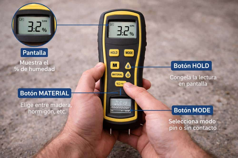 Funciones y botones de un medidor de humedad