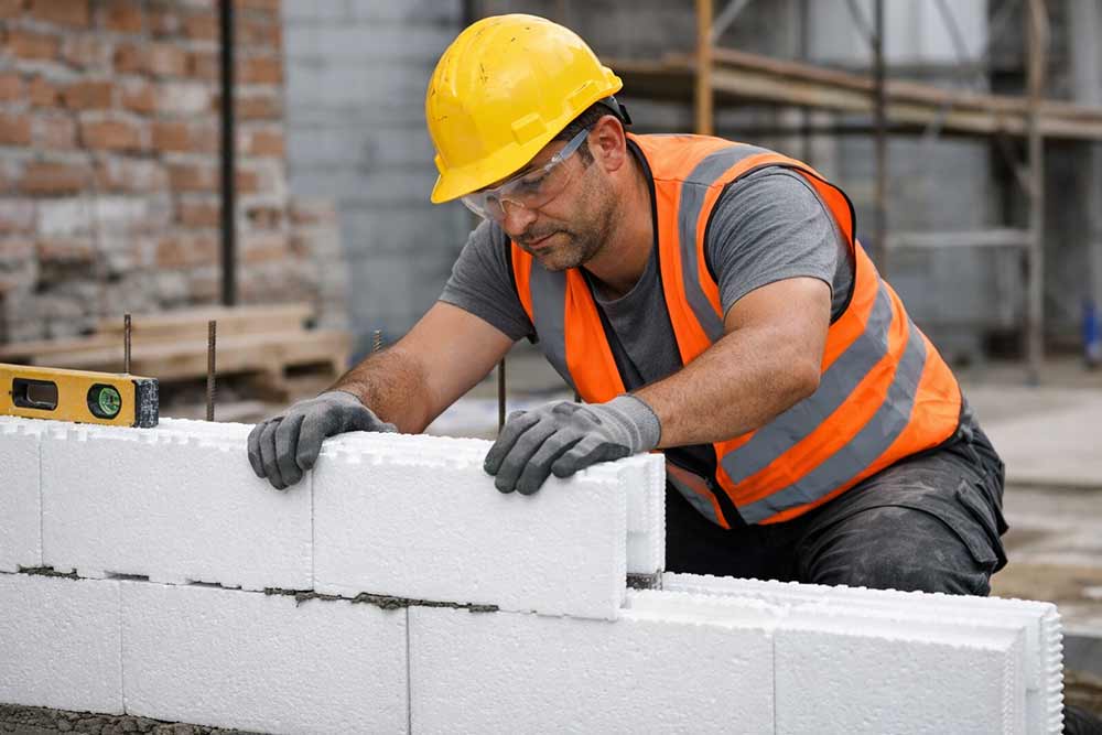 operario colocando un ladrillo de poliestireno en un muro.